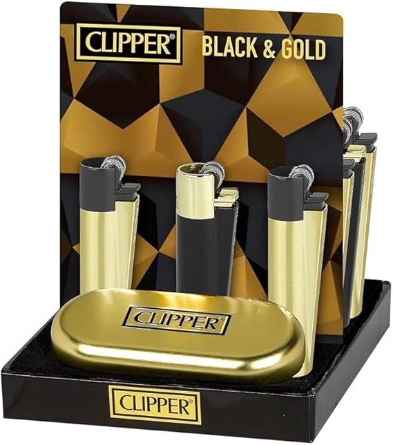 CLIPPER METAL BLACK & GOLD LIGHTER DISPLAY OF 12