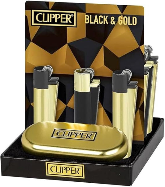 CLIPPER METAL BLACK & GOLD LIGHTER DISPLAY OF 12